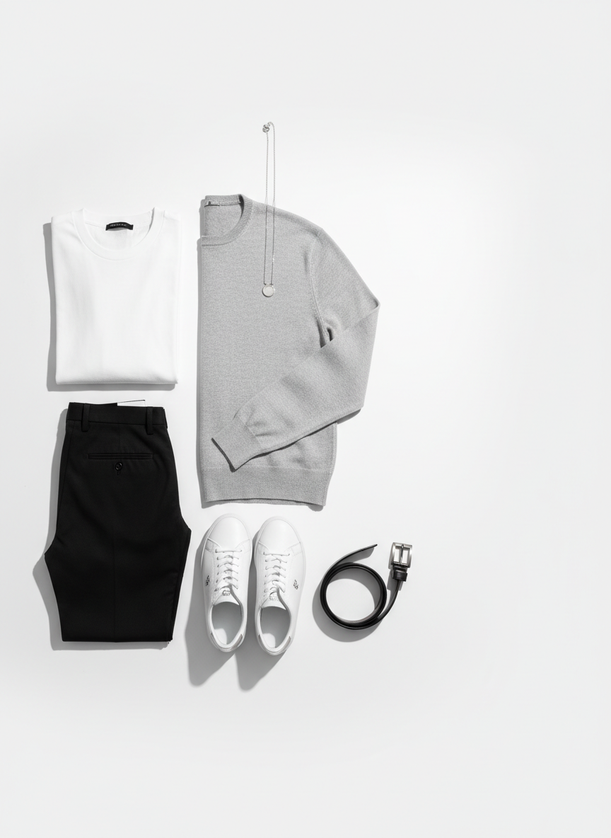 A neatly arranged collection of minimalist men’s fashion essentials laid flat on a clean white background: a crisp white oversized T-shirt, slim black trousers, a light grey knit cardigan, and a pair of white leather sneakers with subtle branding on the heel. Beside them, a silver pendant necklace and a simple black leather belt add detail. The scene is shot in photographic realism with soft studio lighting from the left, creating gentle, controlled shadows and a polished, professional mood. Captured from a perfect top-down flatlay perspective, the composition follows the rule of thirds, leaving negative space for text overlays, ideal as a universal hero image for a style-focused wardrobe blog.