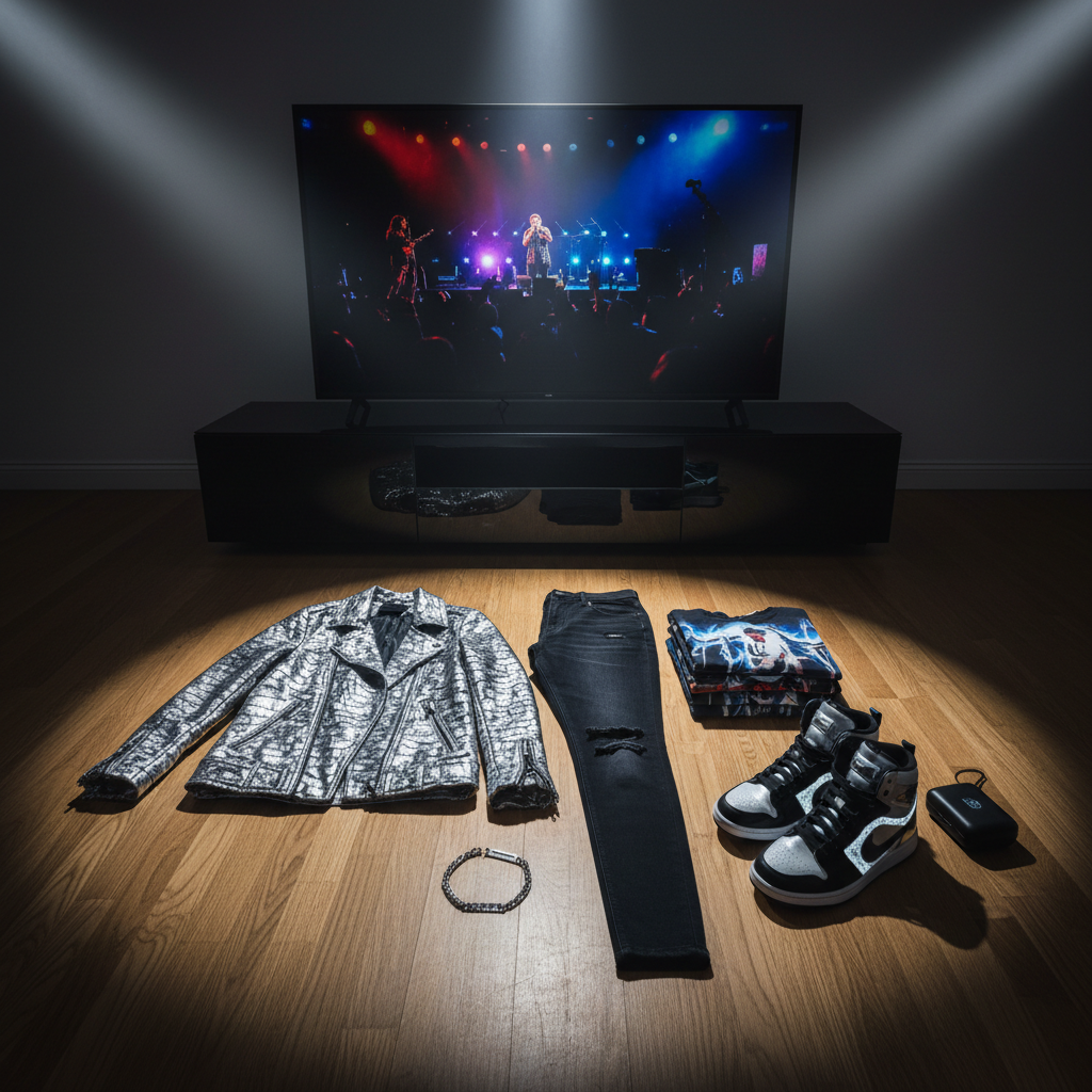 A sleek, low-profile black TV stand with an impeccably arranged outfit ensemble laid out in front of a large flat-screen displaying a paused music performance: on a smooth oak floor sit a metallic silver stage jacket, black skinny jeans with subtle distressing, a stack of folded graphic tees, and gleaming high-top sneakers with reflective accents. Stage accessories like a slim chain bracelet and a wireless in-ear monitor case rest nearby. Dramatic, directional lighting mimics stage spotlights, casting crisp, elongated shadows and sparkling highlights on metallic surfaces. Shot in photographic realism from a slightly low angle, the mood is energetic yet meticulous, evoking behind-the-scenes preparation for a live show.