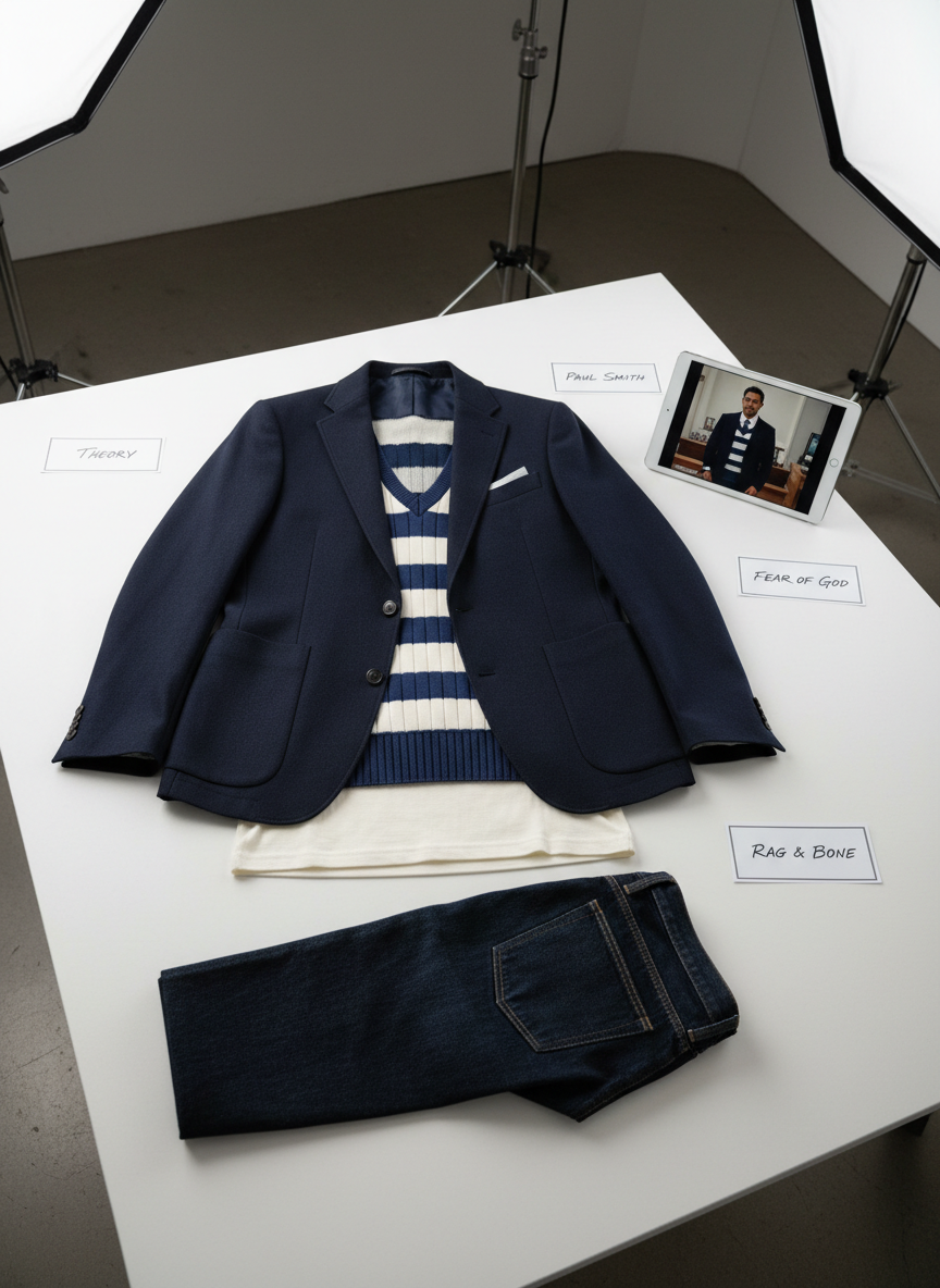 A clean, white photography table in a studio setting displaying a dissected outfit from a specific TV appearance: a tailored navy blazer with sharp lapels, striped knit vest, soft ivory T-shirt, and dark denim, each item labeled with small, elegant brand tags placed beside them. A tablet lies at the edge of the table, screen showing a paused frame of the broadcast outfit for reference. Soft, even studio lighting eliminates harsh shadows, creating a clinical yet stylish catalog feel. Photographic realism with a high-angle shot and shallow depth of field keeps the garments in tack-sharp focus while the background equipment and light stands blur softly, suggesting a professional styling analysis.