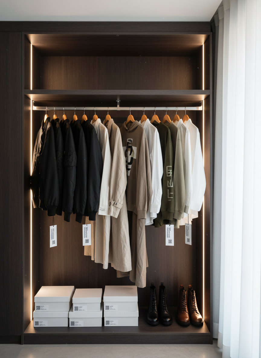 An open wardrobe in a modern apartment, filled with neatly spaced monochrome and earth-tone garments: black bomber jackets, beige trench coats, clean white shirts, and carefully hung graphic hoodies, all on uniform wooden hangers. At the bottom, sneaker boxes and polished leather boots are lined up in precise order. Soft daylight filters through a nearby sheer curtain, giving the scene a calm, curated atmosphere. Photographic realism with a slightly elevated, eye-level angle emphasizes depth inside the closet. The mood is organized, aspirational, and stylish, reflecting a professional, brand-conscious fashion archive for fans tracking specific outfits.