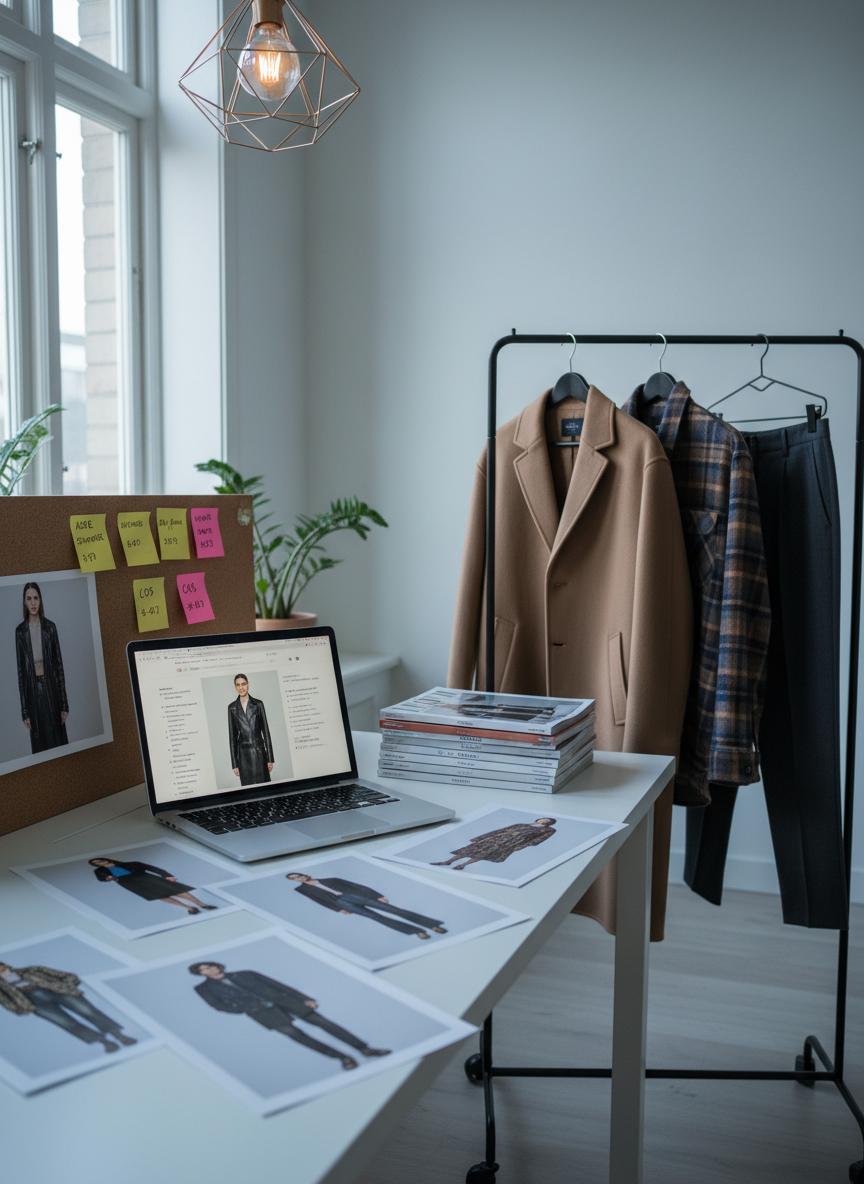 A minimalist desk workspace used for outfit research, featuring an open laptop displaying a product page of a designer jacket, surrounded by printed lookbook pages, neatly stacked fashion magazines, and sticky notes with handwritten brand names and item codes. To the side, a small clothes rack holds three carefully selected garments: a camel overcoat, a checked shirt, and dark tapered trousers, all on slim black metal hangers. Cool, diffused daylight from a nearby window combines with a subtle overhead lamp, creating a focused, investigative mood. Photographic realism with an eye-level composition and asymmetrical framing gives a documentary, behind-the-scenes feeling of meticulously tracking worn brands and matching items.