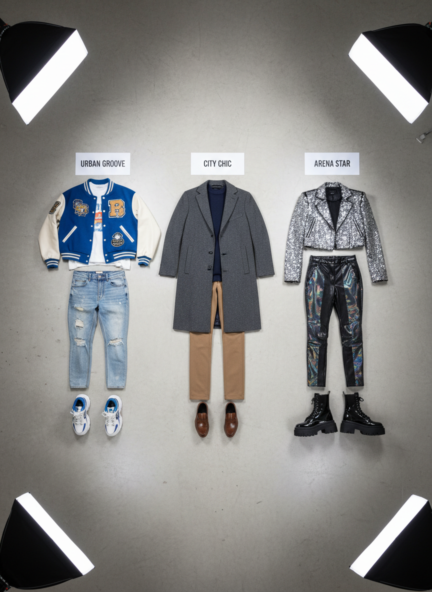 A polished concrete floor in a studio setting with three distinct outfit sets arranged in parallel rows, each labeled by show or performance name on clean white cards: casual streetwear with a varsity jacket and chunky sneakers, refined smart-casual with a tailored coat and loafers, and bold stagewear with metallic accents and thick-soled boots. Overhead, soft box lighting creates even illumination and soft shadows, emphasizing textures like denim, wool, and leather. Shot in photographic realism from a bird’s eye view, the orderly composition and color coordination evoke a professional stylist’s board, perfect for visually summarizing different style eras or appearance categories on a fashion tracking blog.